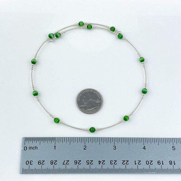 Memory Wire Green Cat's Eye Bead Choker Necklace | Sterling Silver 925 |16" - Picture 3 of 3